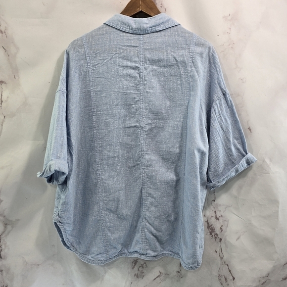 Poetry Shirt Womens 14 Large Blue Linen Blend Button Short Sleeve Boxy Cuffed - Picture 5 of 11